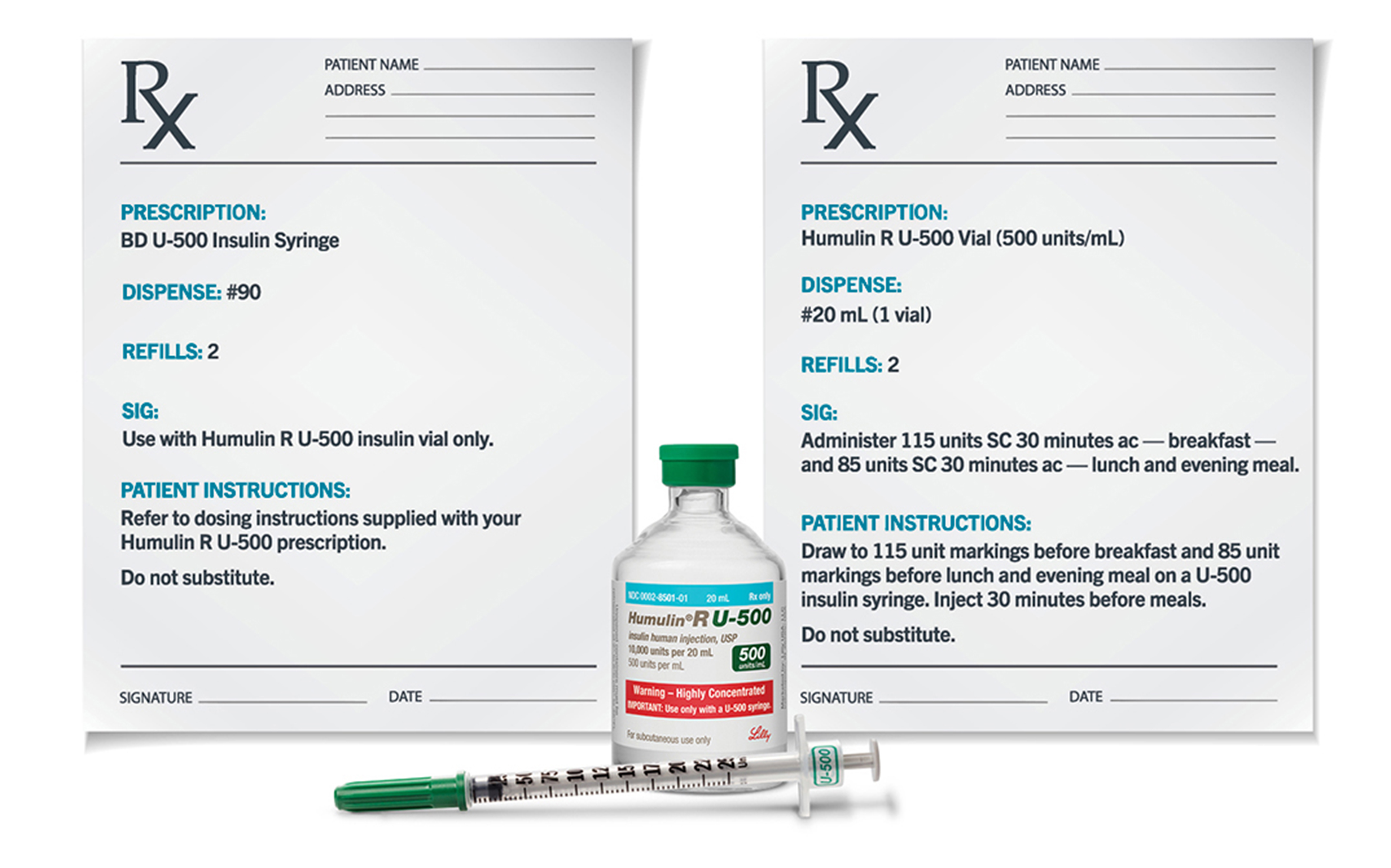 Humulin R U-500 prescription pad with vial and syringe